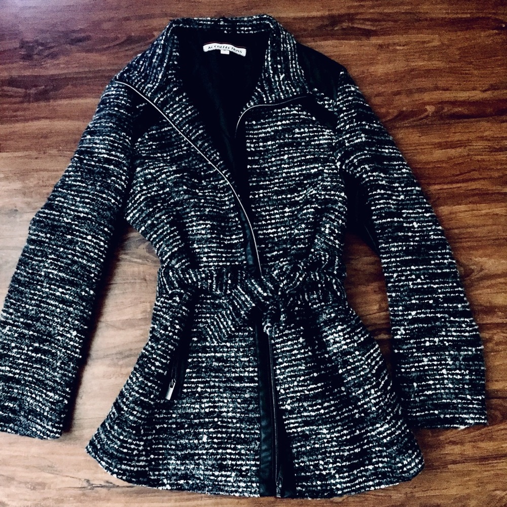 Grey & Black Part Leather Trench Coat Jacket Sz M